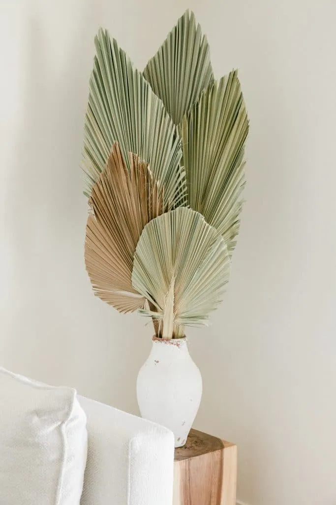 Dried palm leaves in a weathered white vase on a raw wood side table