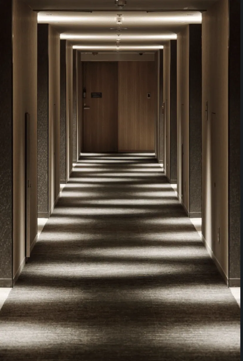 Corridor with dark walls, indirect ceiling lighting and patterns of light on the carpet