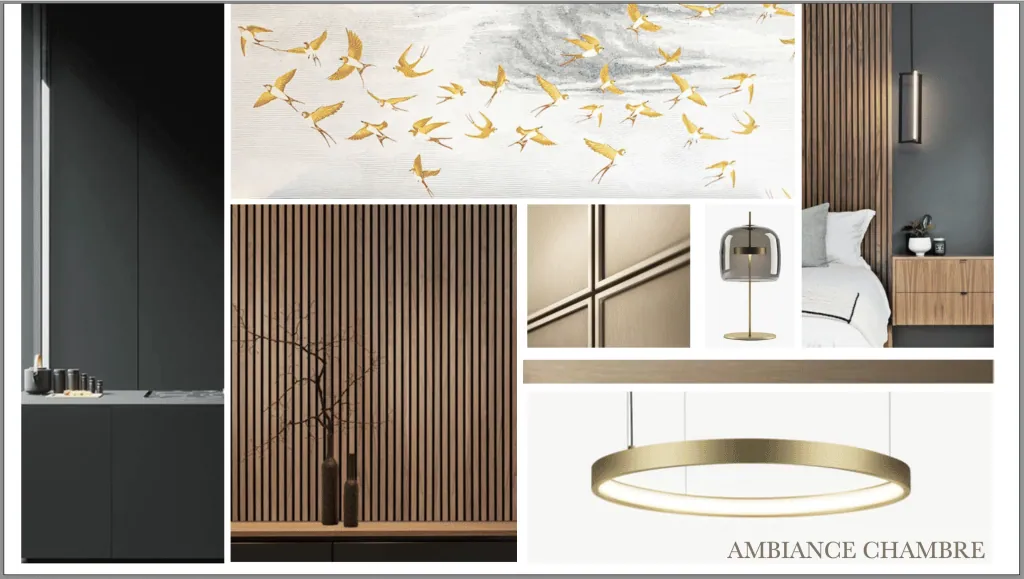 Bedroom mood board: golden swallow wallpaper, wooden slats and charcoal grey