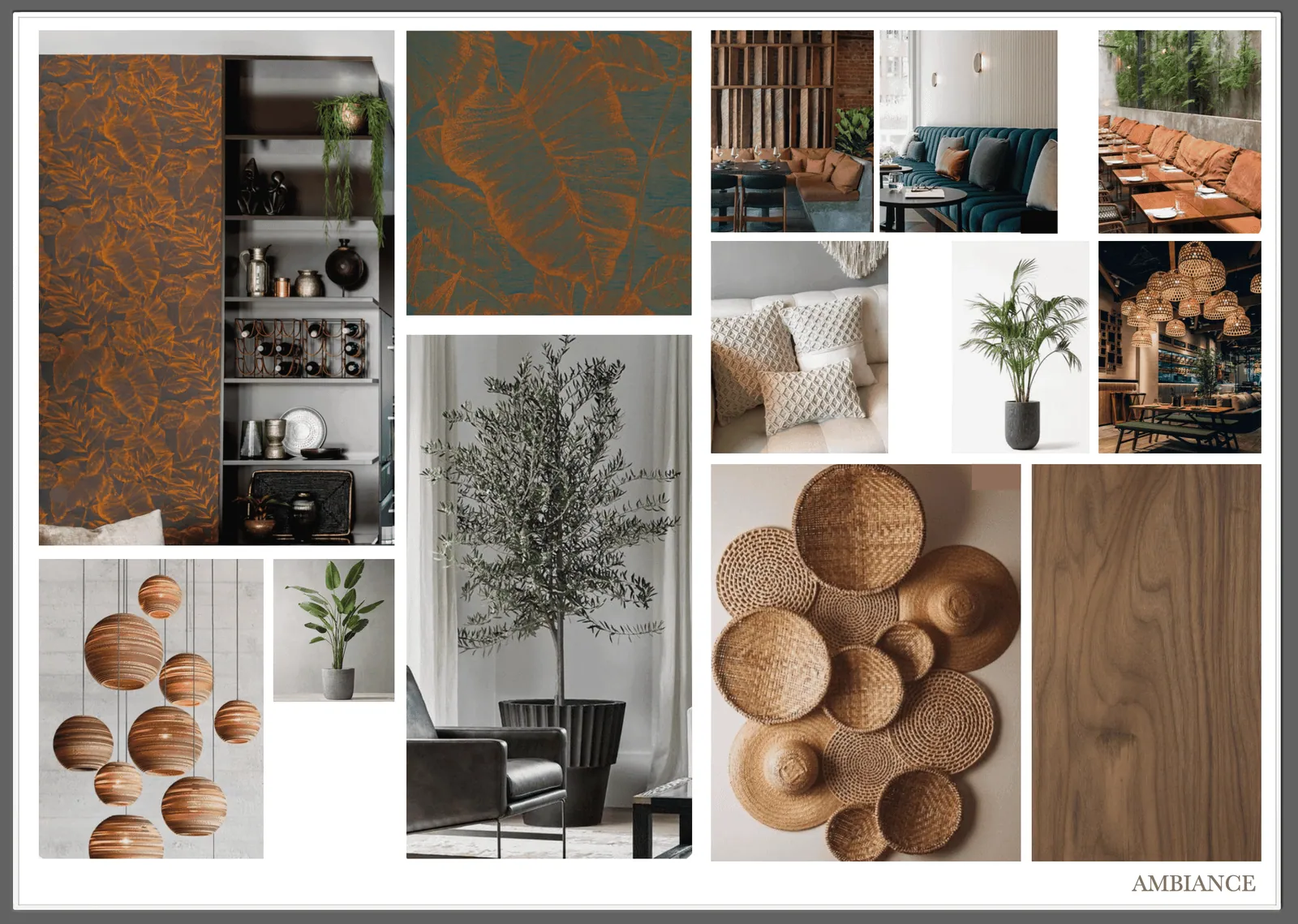 Hotel Runway mood board: orange and blue leaf pattern, olive tree and woven baskets