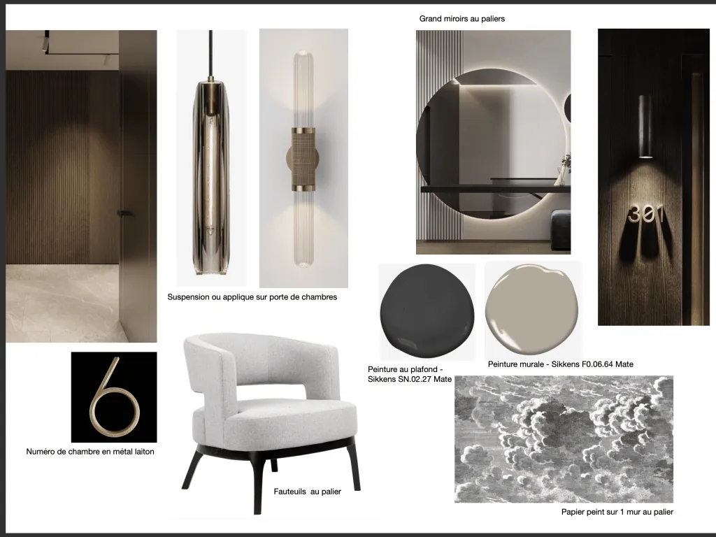 Mood board for the landings: round backlit mirror, brass room numbers and cloud-pattern wallpaper