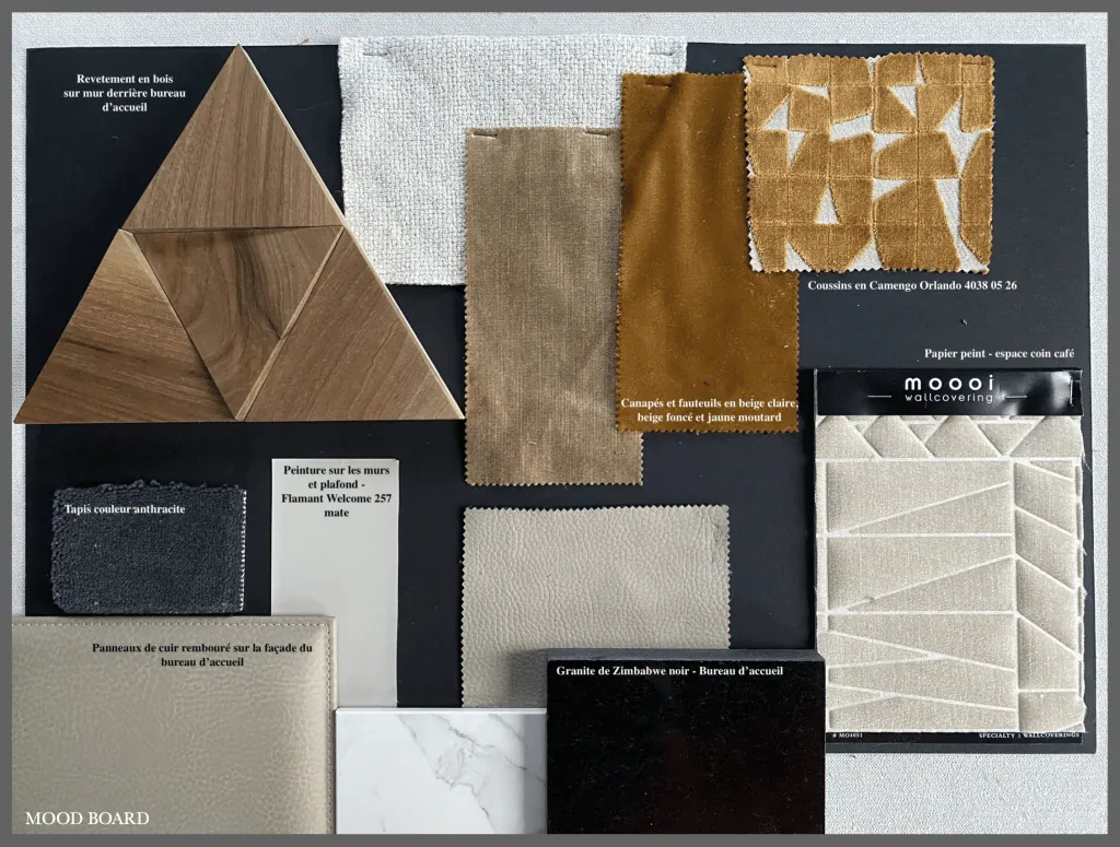 Lobby sample board: triangular wood, padded leather, black granite and mustard fabrics