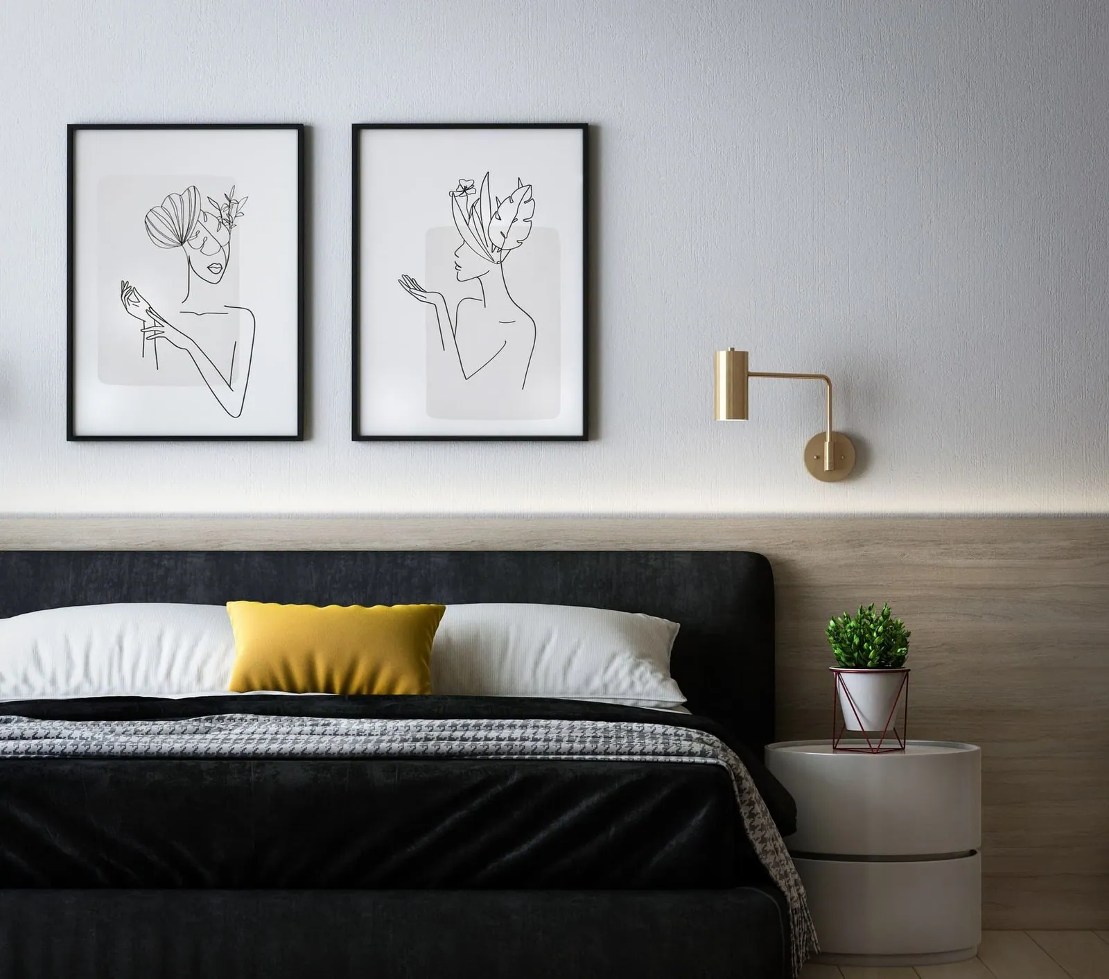 Two line drawings of female figures in black frames above a black velvet bed