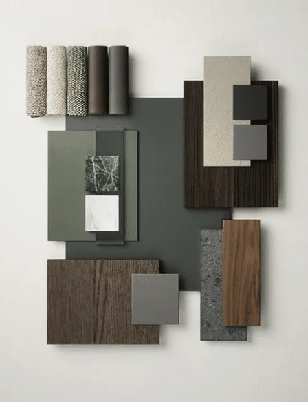 Panneaux vert sauge et bois foncé, avec marbre vert, marbre blanc et tissus roulés