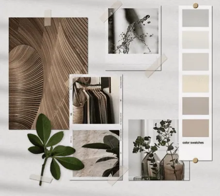 Mood board pinned to a wall, with wavy wood, plants, vases and beige colour swatches