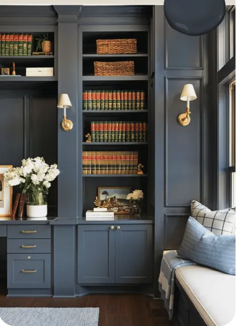 Slate blue built-in bookshelves, gold wall lights and a cushioned window seat