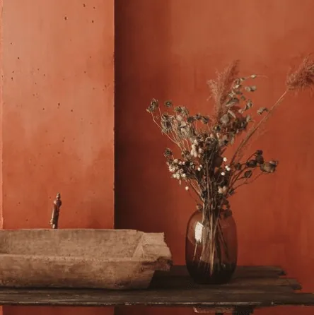 Terracotta plaster wall, rustic basin on a wooden console and a vase of dried flowers