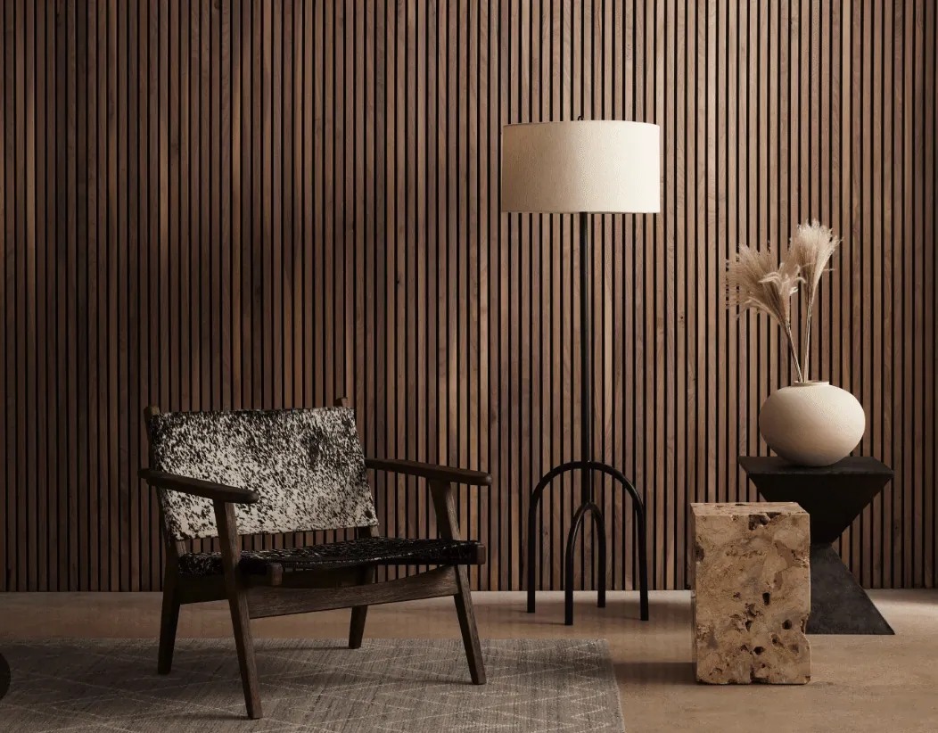 Wood slat wall, cowhide armchair, floor lamp and stone cube