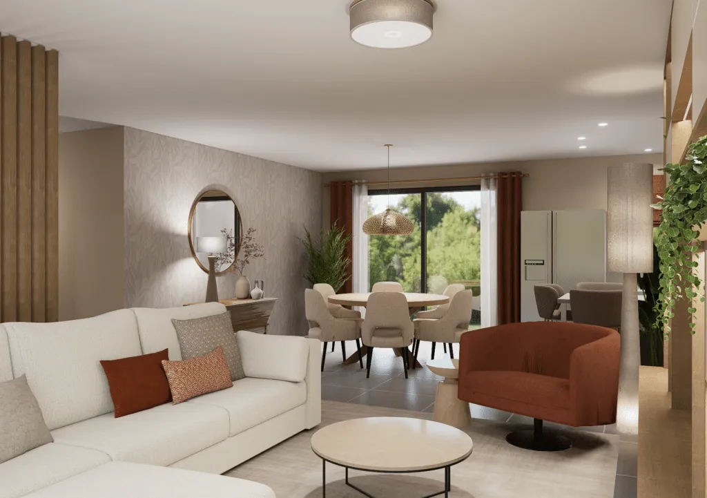 Living and dining room in earthy tones, Nord Isère: cream sofa and terracotta armchair