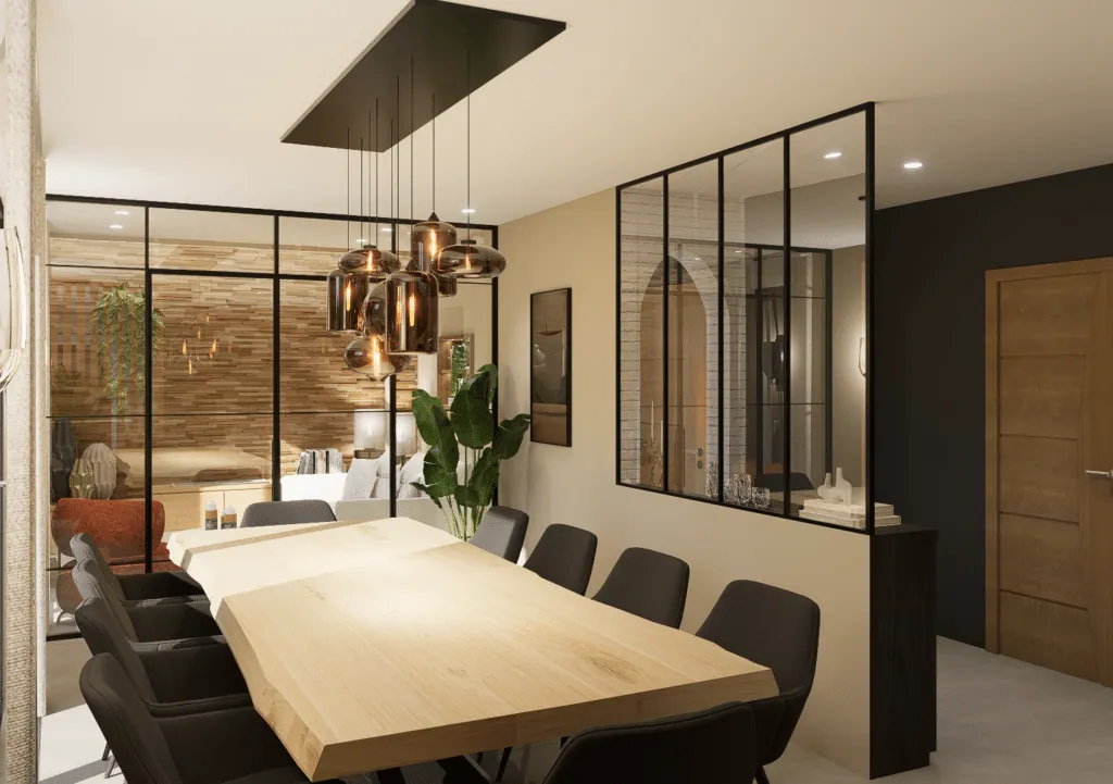 Dining room with live-edge wooden table, black-framed glass partitions and smoked glass pendants