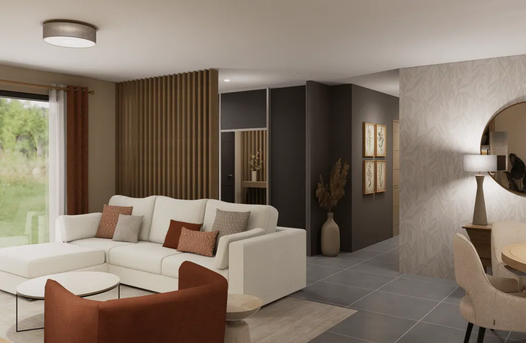 Living room with cream corner sofa, slatted partition and a hallway hung with botanical prints
