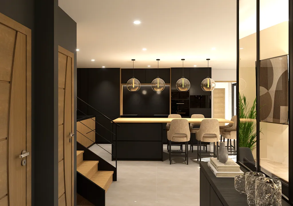 Hallway with wooden doors and staircase, facing the black kitchen and its island