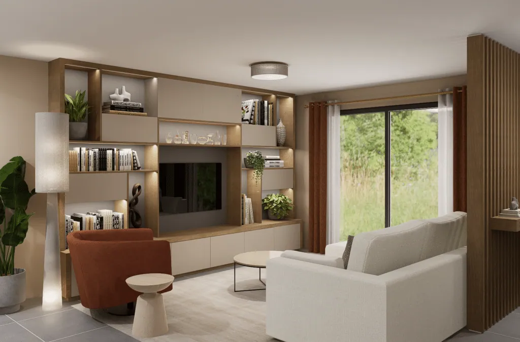 Living room with a lit wooden bookcase around the TV, terracotta armchair and cream sofa