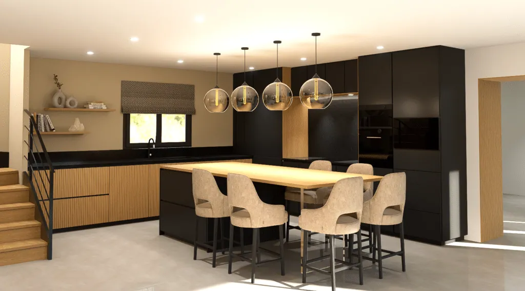 Black kitchen with fluted wood units, island with high table, bar chairs and globe pendants