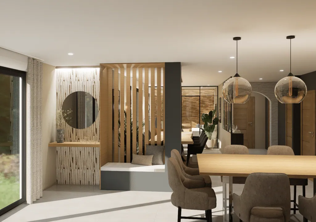 Contemporary living space in Nord Isère: wooden slatted partition, built-in bench and globe pendants