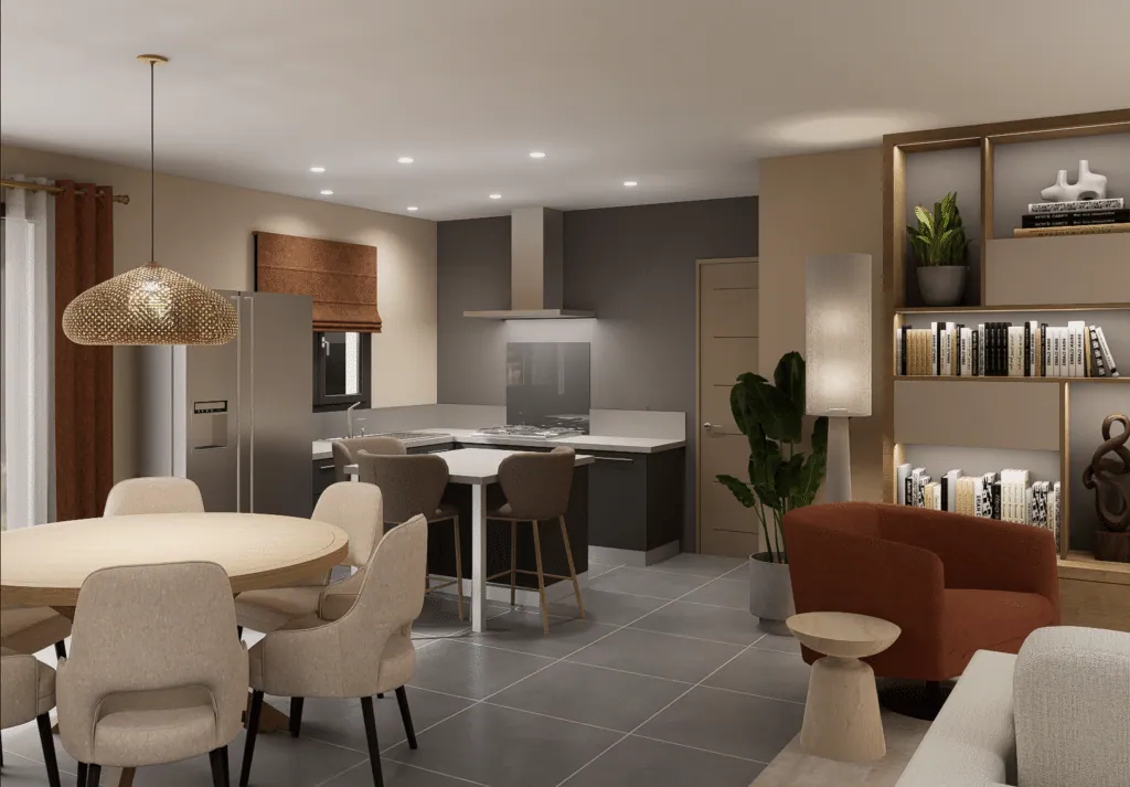 Dining area, round wooden table, beige chairs, woven pendant and open kitchen beyond