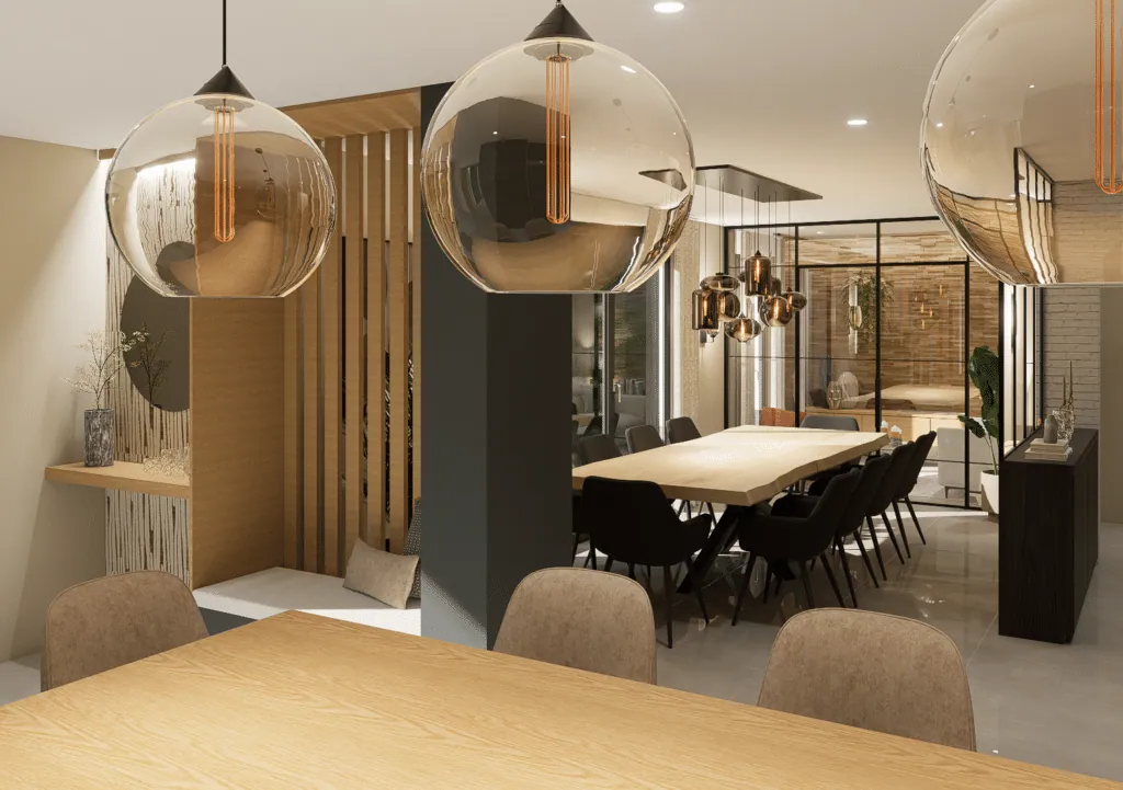 Globe pendants above the high table, with the dining room and glass partition beyond