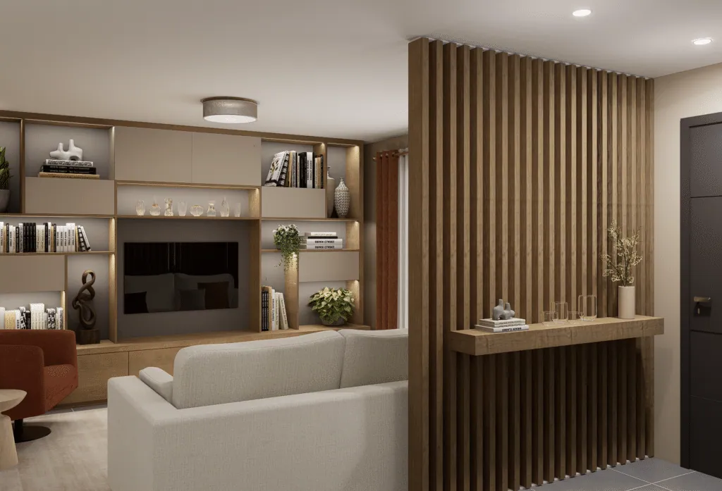Wooden slatted partition with a floating shelf beside the living room and its bookcase