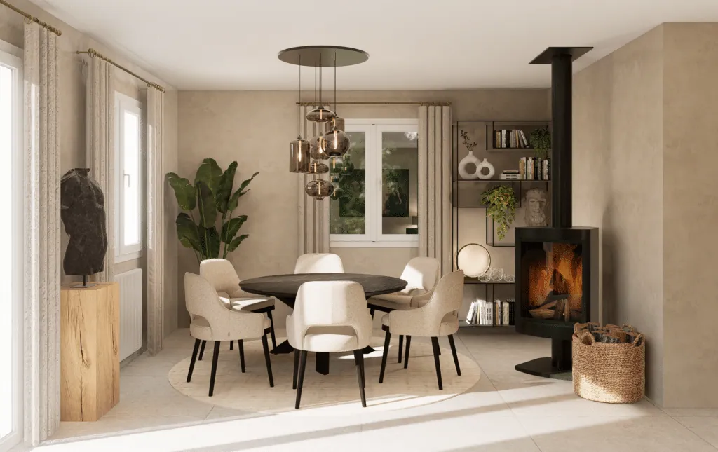 Bright dining room: round table, beige chairs, wood stove and black metal shelving