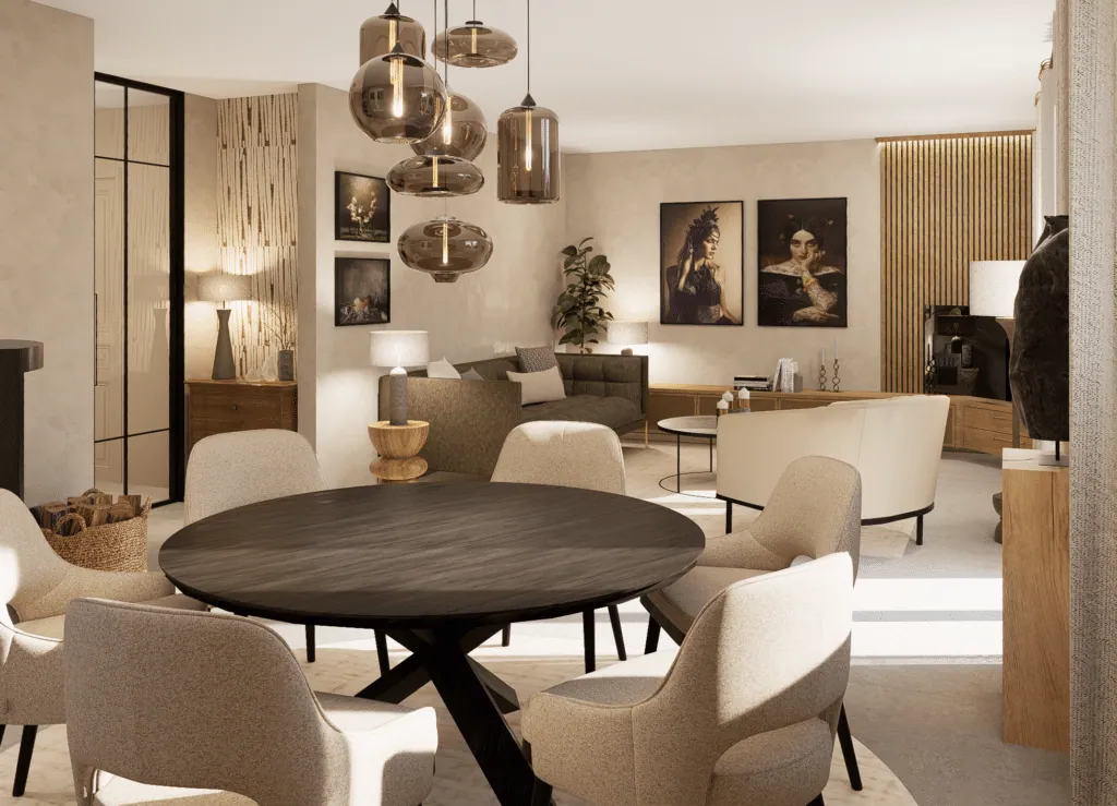 Neutral-toned living area in Rhône-Alpes: round table, smoked glass pendants and framed portraits
