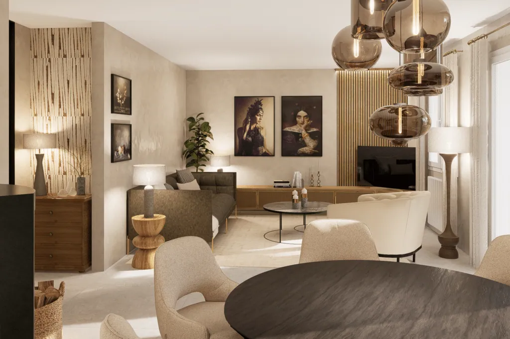 Living room seen from the dining area: sofa, cream armchair, large portraits and wooden floor lamp