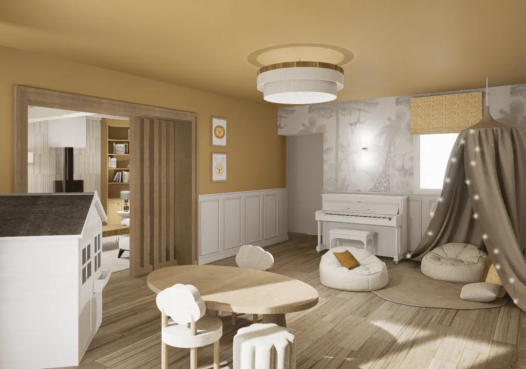 Playroom with ochre walls, a white playhouse, cloud-shaped chairs and an upright piano
