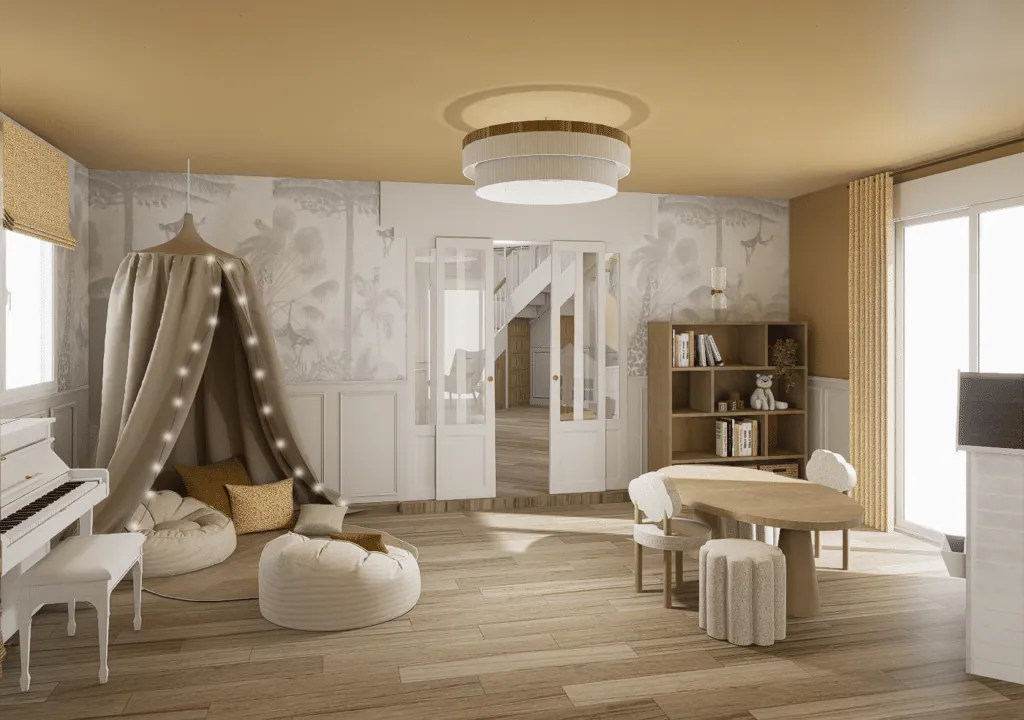 Playroom with jungle wallpaper, a hanging canopy, white piano and wooden children’s table