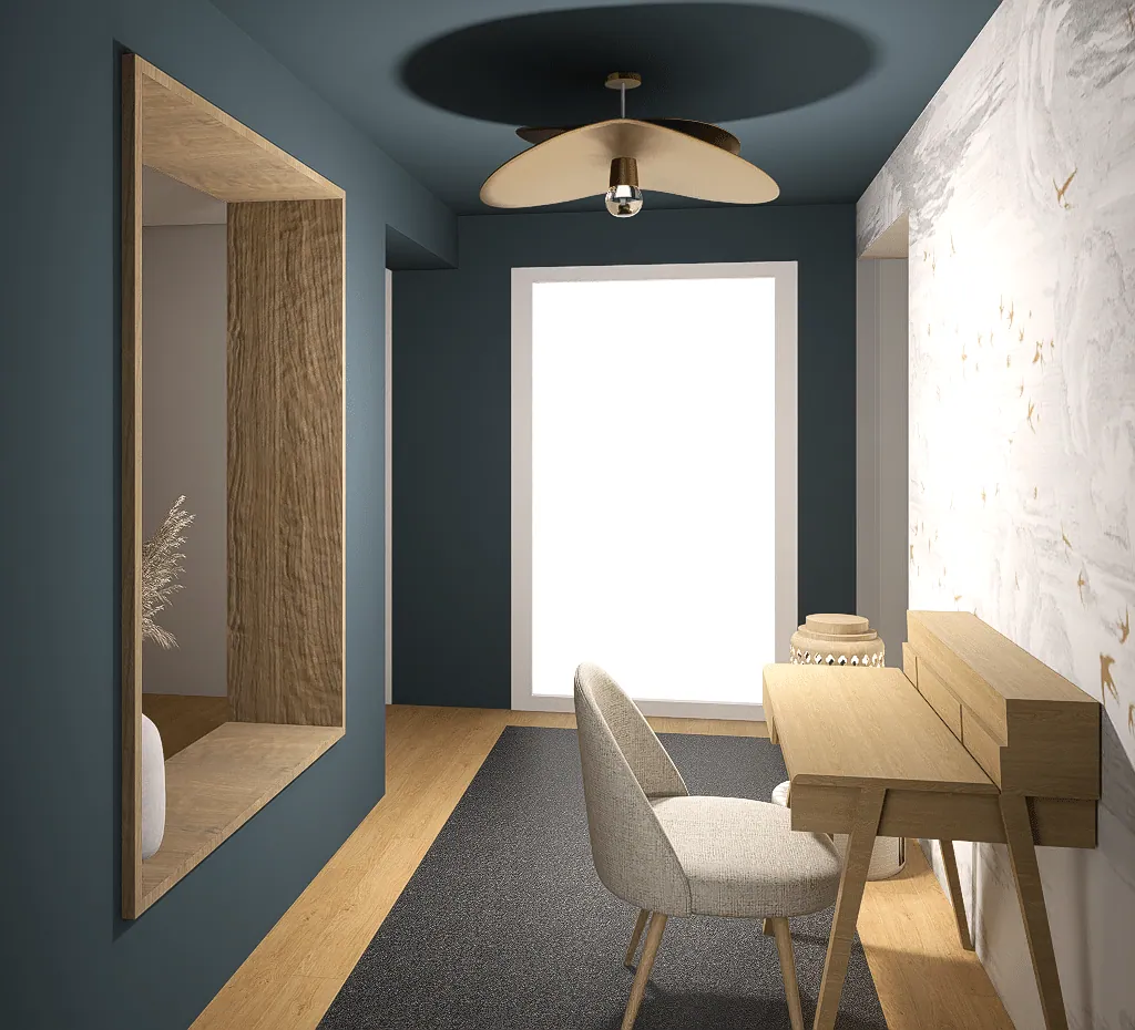 Petrol blue home office with a wood-framed niche, oak desk and brass pendant light