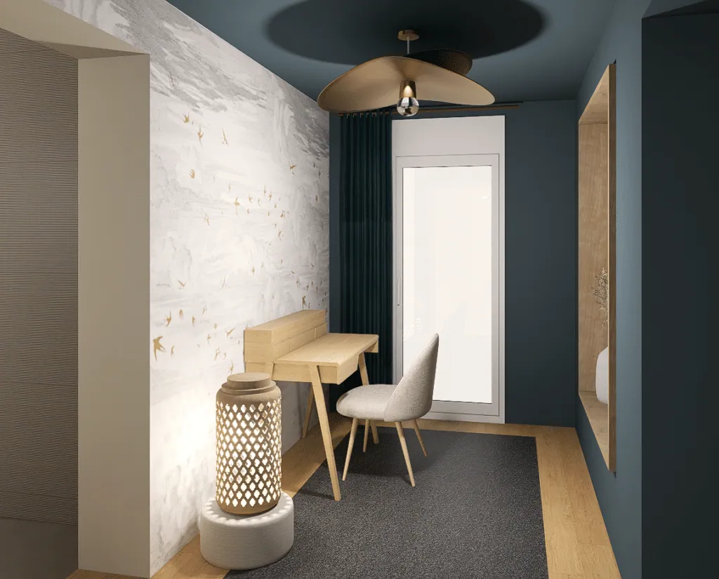 Home office with petrol blue walls, gold swallow wallpaper and an oak desk