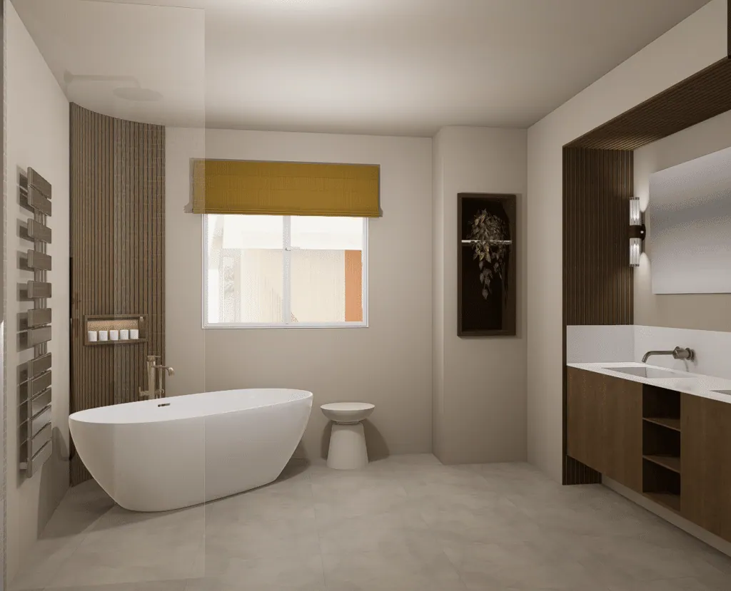 Bathroom with a freestanding bath, walk-in shower, mustard blind and wooden vanity unit