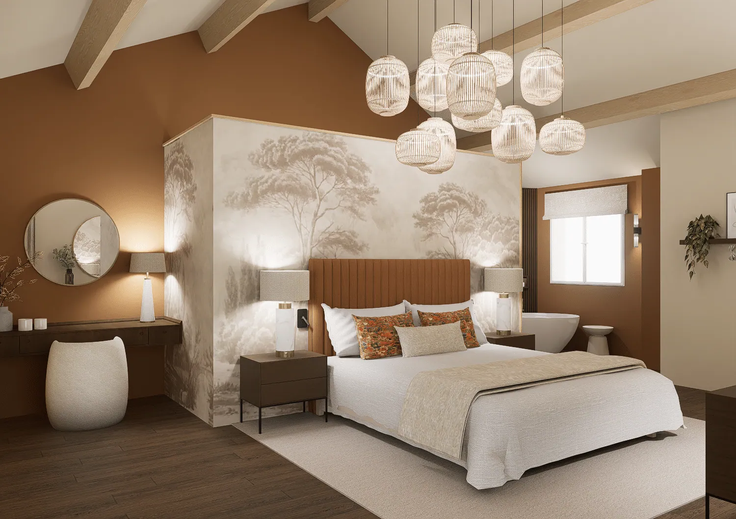 Bedroom in a Rhône-Alpes family home: tree mural wallpaper and woven pendant lights