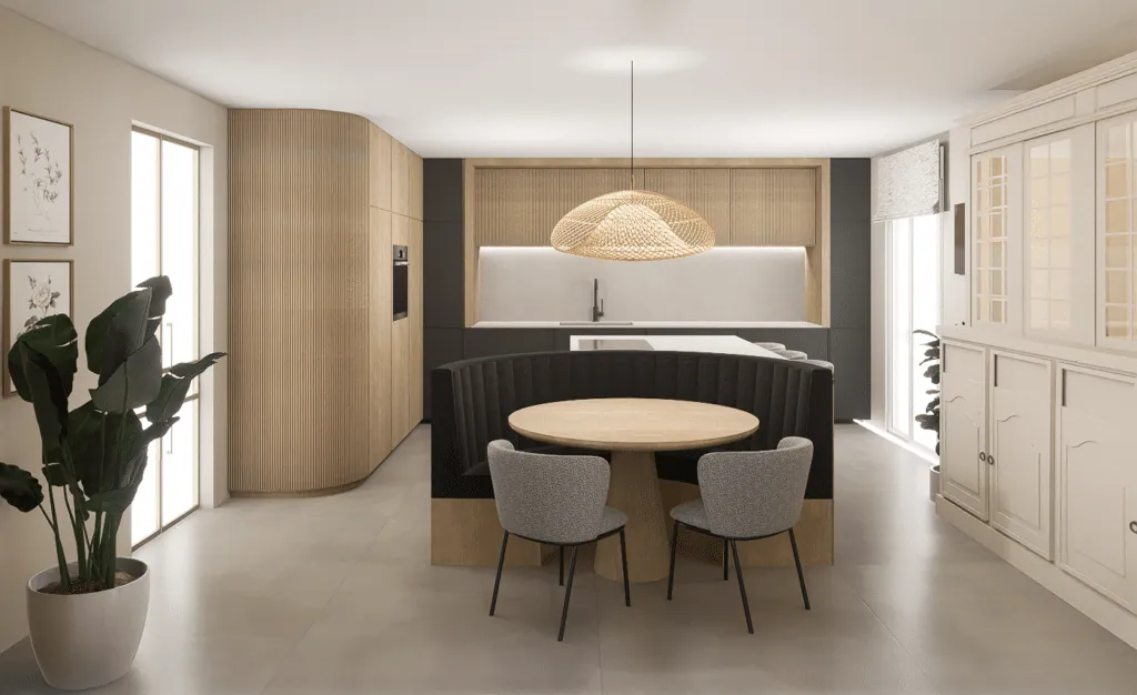 Fluted oak and black kitchen, curved banquette around a round table, rattan pendant