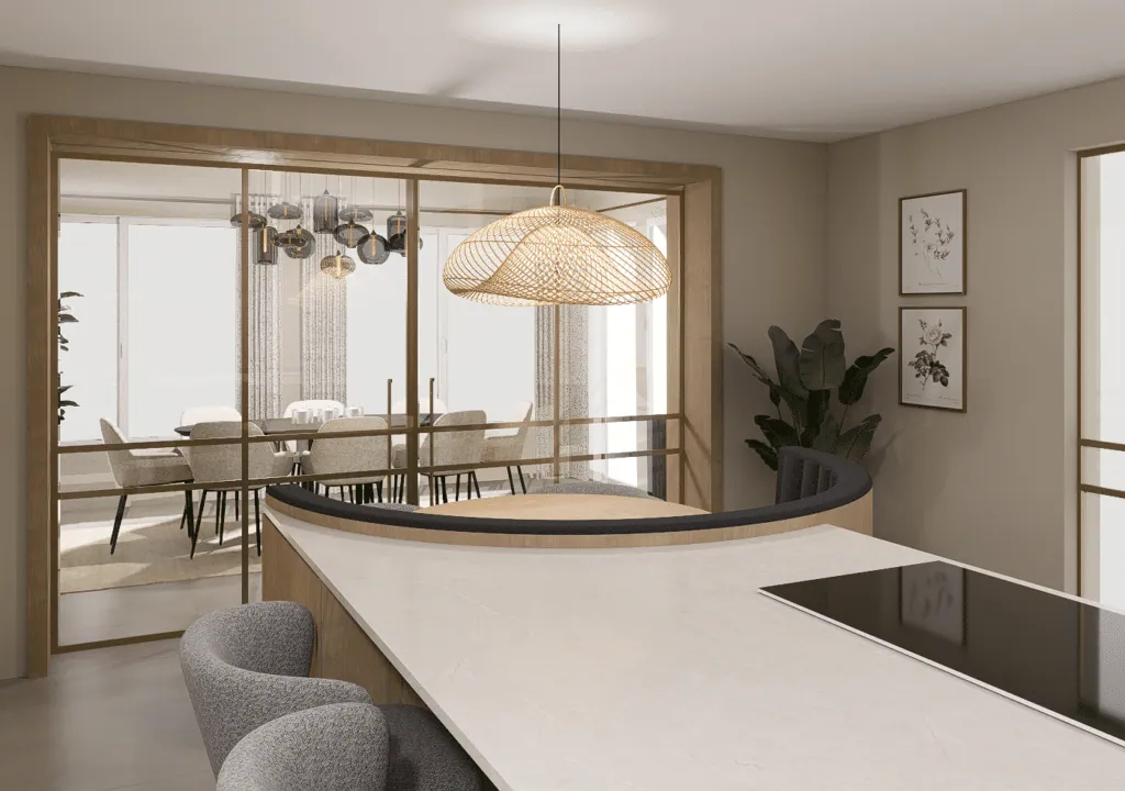 Kitchen island with a curved banquette and rattan pendant, glazed partition onto the dining room