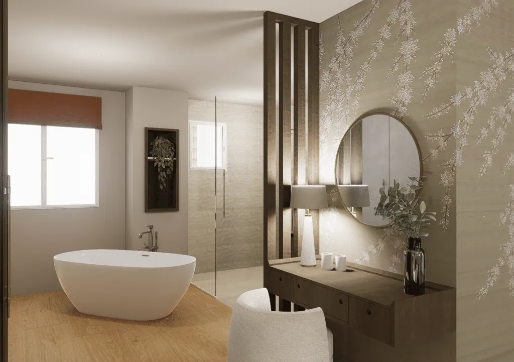 Salle de bains avec baignoire îlot, claustra en bois et coiffeuse, papier peint à branches fleuries